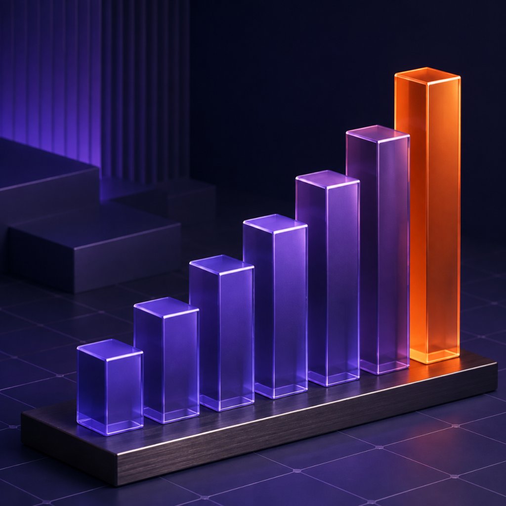 Rising bar chart in purple with the tallest bar highlighted in orange
