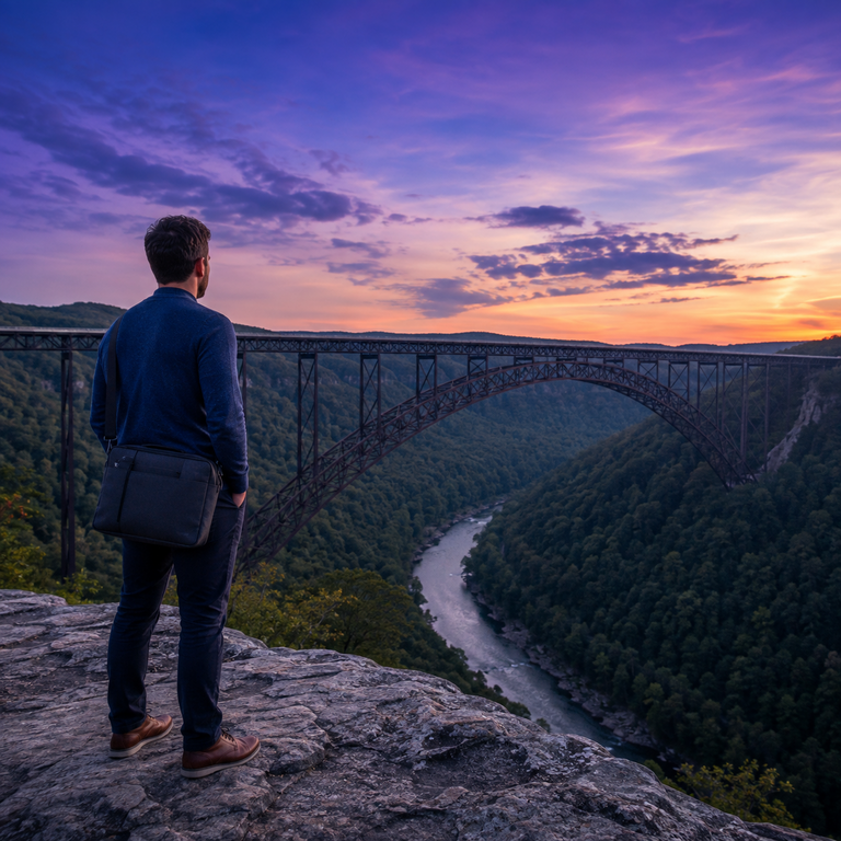 A person standing on a rocky overlook at sunrise above the New River Gorge bridge in West Virginia