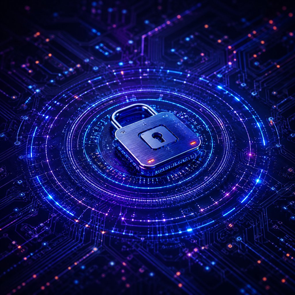 A glowing padlock at the center of a blue and purple circuit board