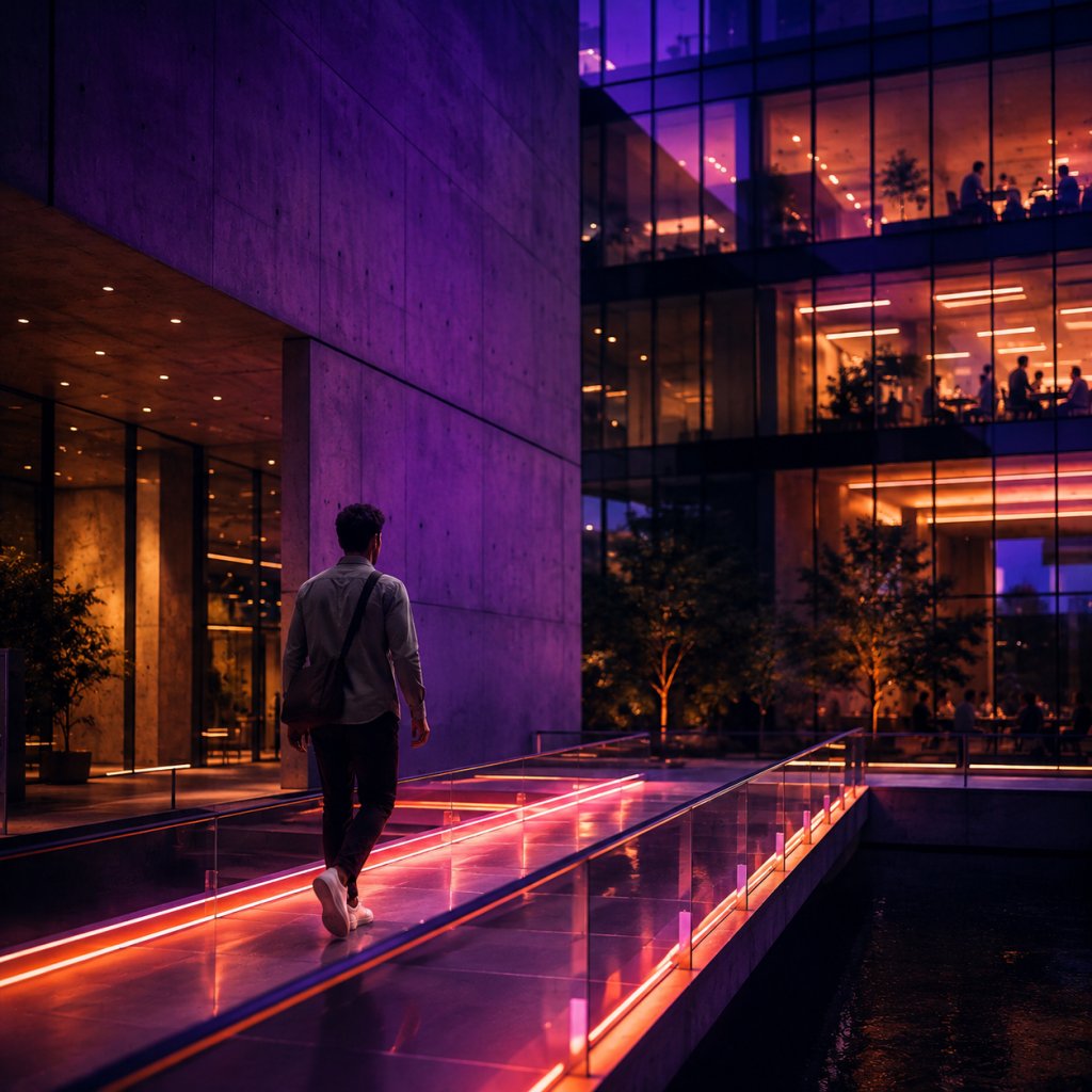 A person walking along a lit walkway beside a glass office building at dusk