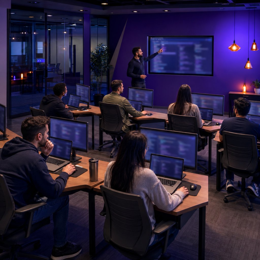 Rows of trainees at workstations in a darkened operations room while an instructor presents at a wall of screens