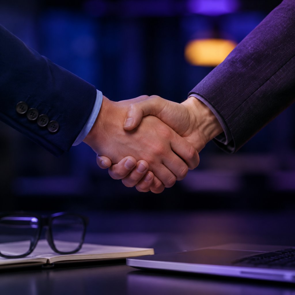 Two people in business suits shaking hands across a desk
