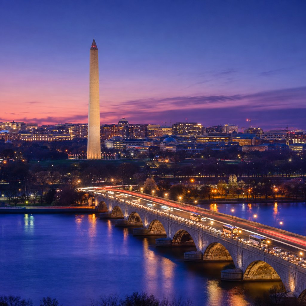 The Washington Monument at twilight above the Potomac River, with a lit bridge and the D.C. skyline