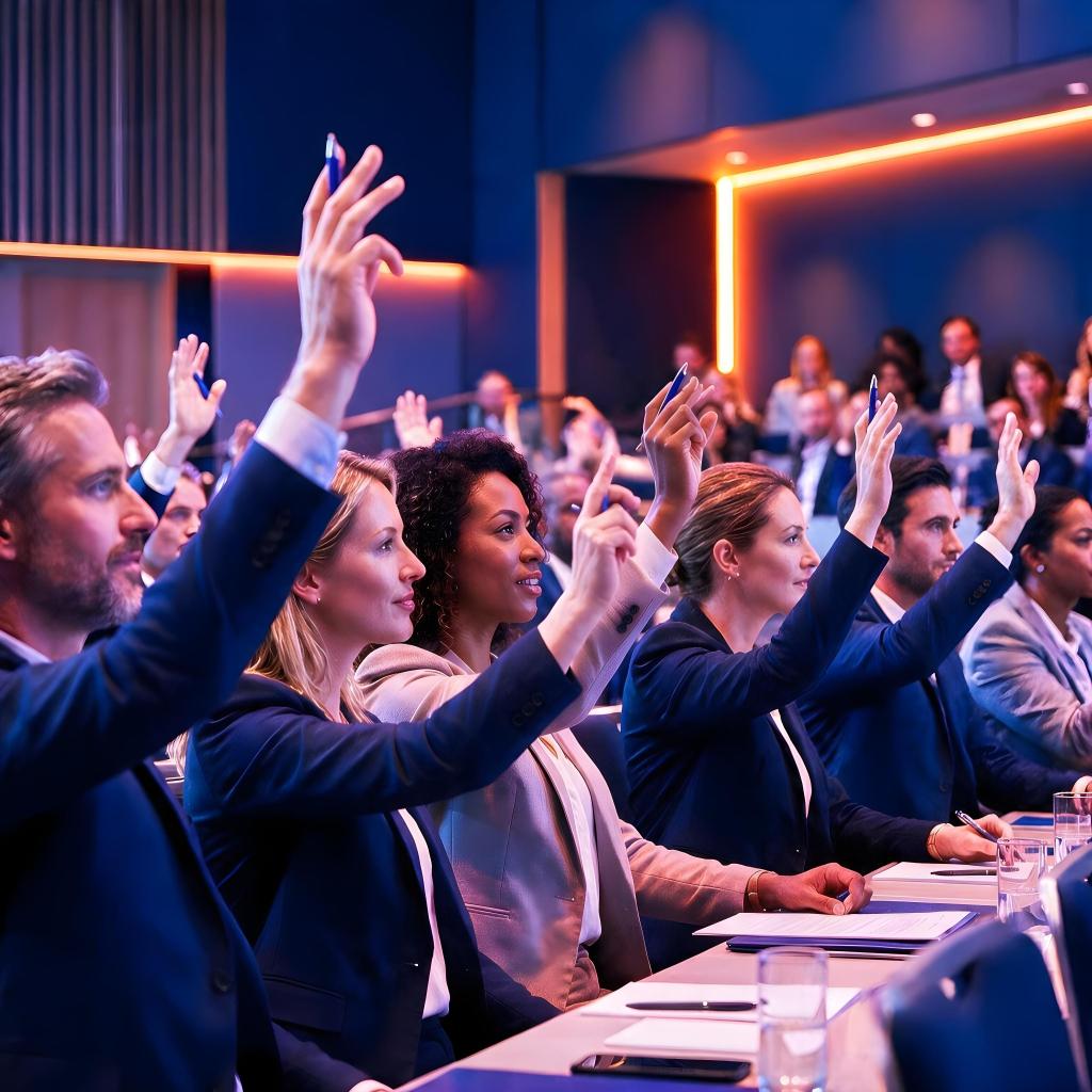 Audience at a conference session raising their hands, lit in blue and orange